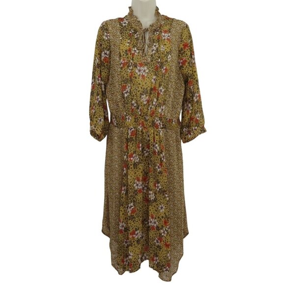 Fig & Flower Women Large Floral Flower Long Sleeve Sheer Tunic Dress Boho Chic - Picture 1 of 10